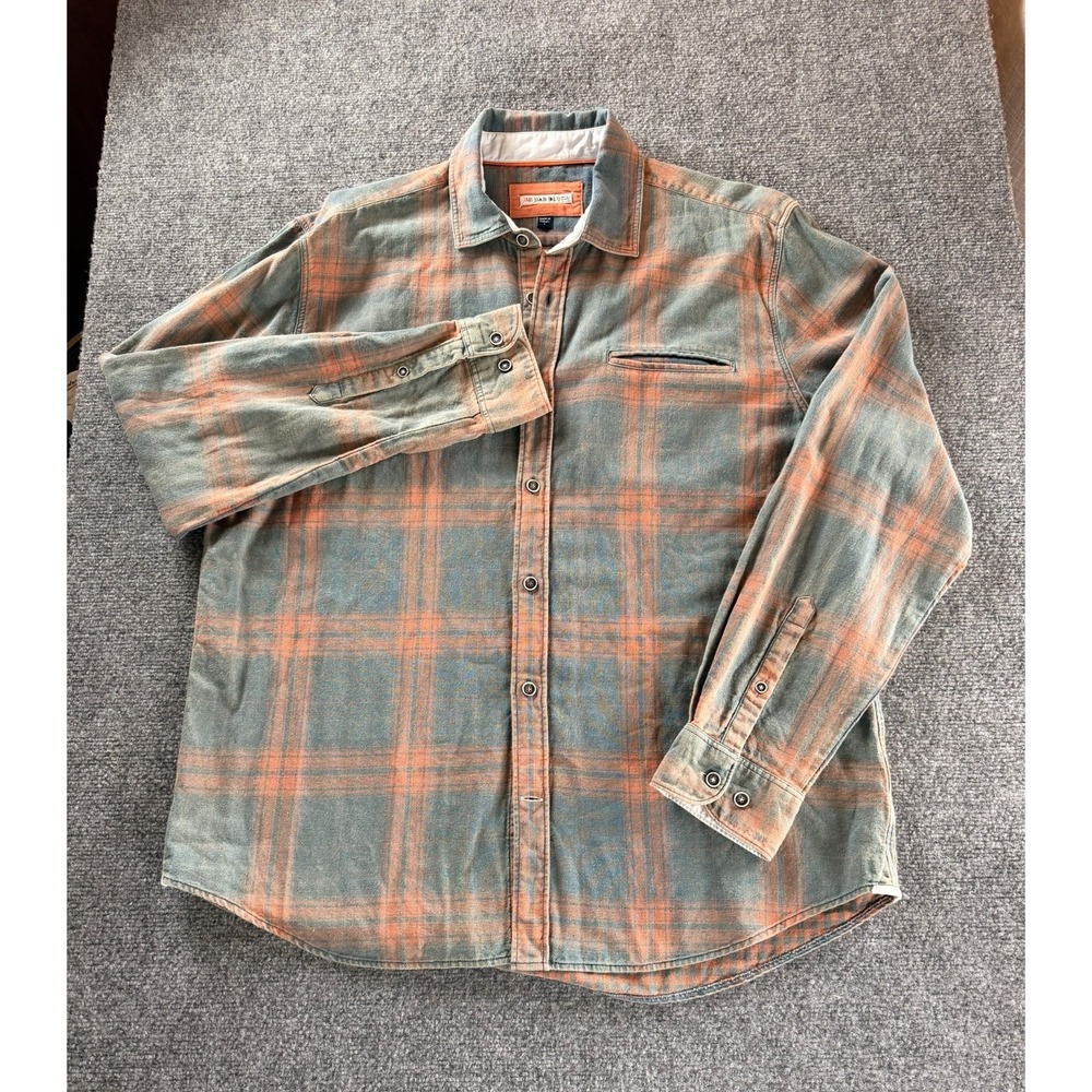 32 Bar Blues Sundust Shirt Mens Large LS Ombre Plaid Orange Blue Cotton Heavy